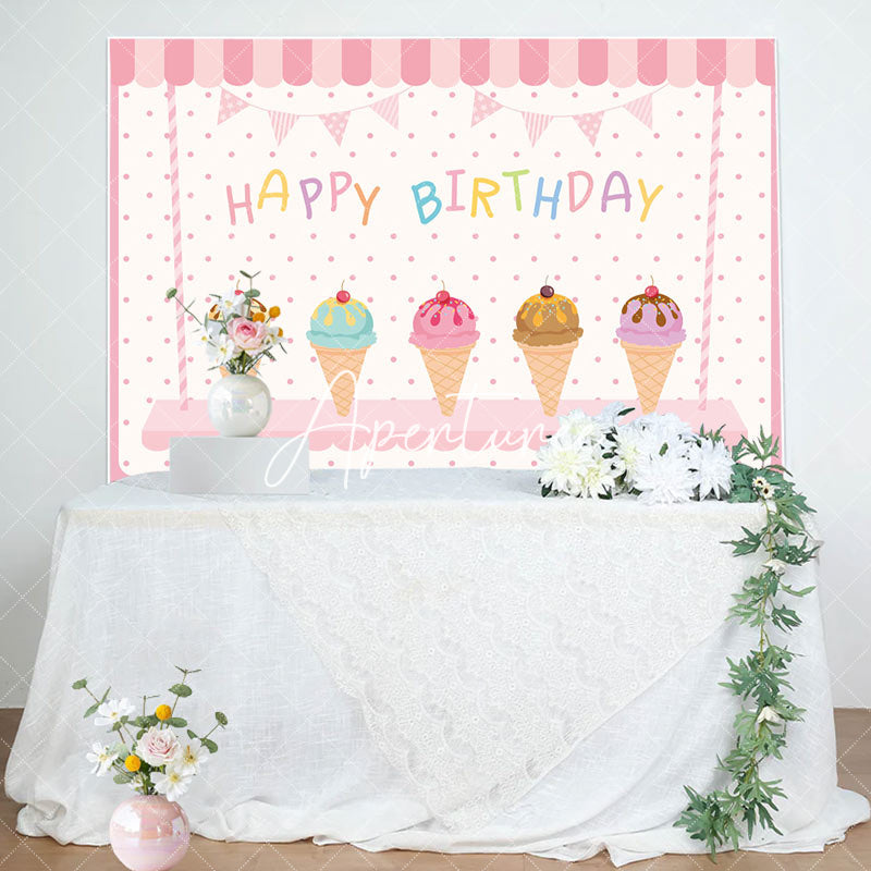 Aperturee - Sweet Pink Icecream Shop Dots Happy Birthday Backdrop