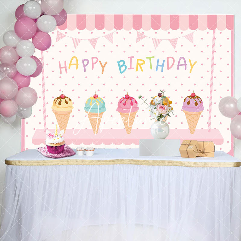 Aperturee - Sweet Pink Icecream Shop Dots Happy Birthday Backdrop