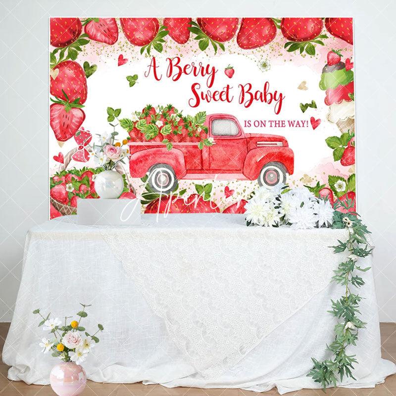 Aperturee - Sweet Red Strawberry Truck Baby Shower Backdrop