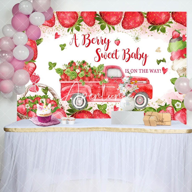 Aperturee - Sweet Red Strawberry Truck Baby Shower Backdrop