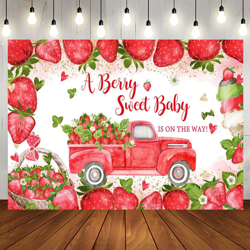 Aperturee - Sweet Red Strawberry Truck Baby Shower Backdrop