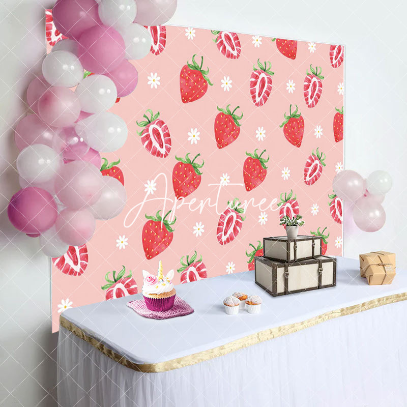 Aperturee - Sweet Strawberry Pink Flower Girl Party Backdrop