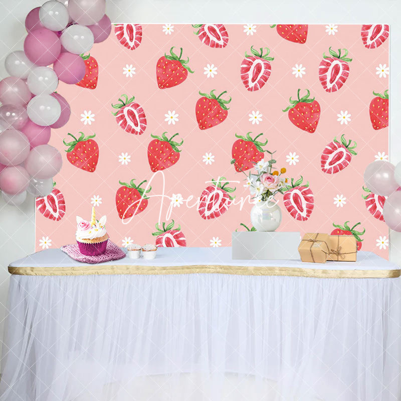 Aperturee - Sweet Strawberry Pink Flower Girl Party Backdrop