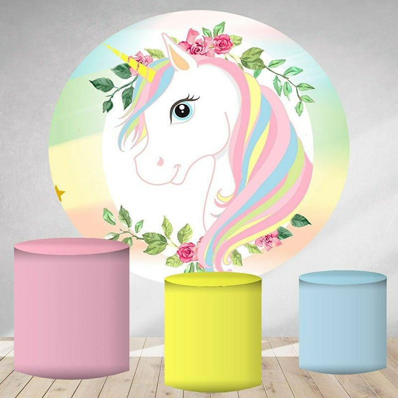 Aperturee Sweet Unicorn Round Happy Birthday Backdrop For Girl