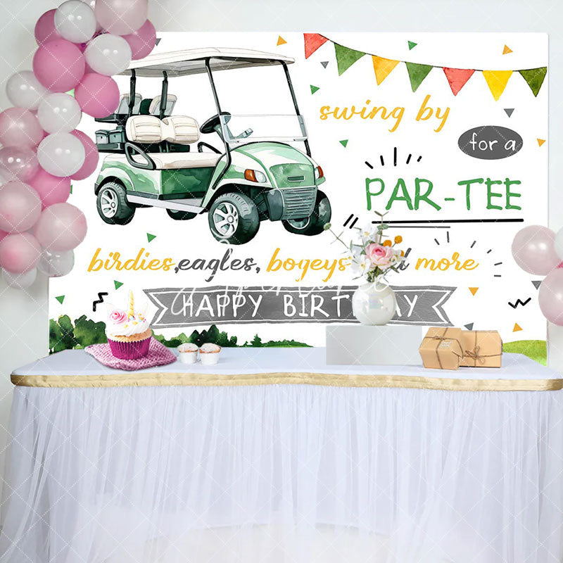 Aperturee - Swing By Green Golf Cart Field Backdrop For Birthday