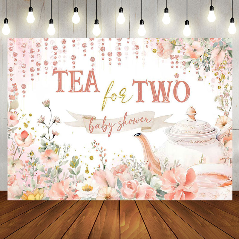 Aperturee - Tea For Two Cup Pink Floral Baby Shower Backdrop