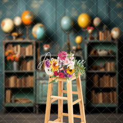 Aperturee - Teal Bookcase Globe Retro Wall Backdrop For Photo