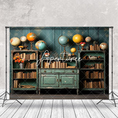 Aperturee - Teal Bookcase Globe Retro Wall Backdrop For Photo