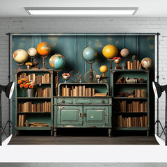 Aperturee - Teal Bookcase Globe Retro Wall Backdrop For Photo