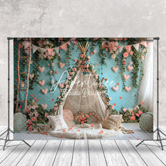 Aperturee - Teal Wall Pink Floral Tent Wedding Photo Backdrop