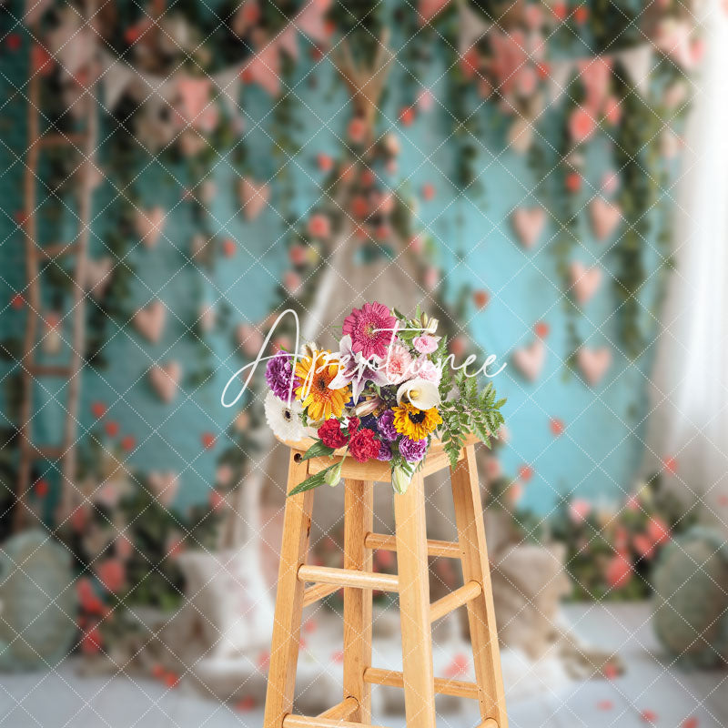 Aperturee - Teal Wall Pink Floral Tent Wedding Photo Backdrop