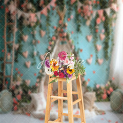 Aperturee - Teal Wall Pink Floral Tent Wedding Photo Backdrop