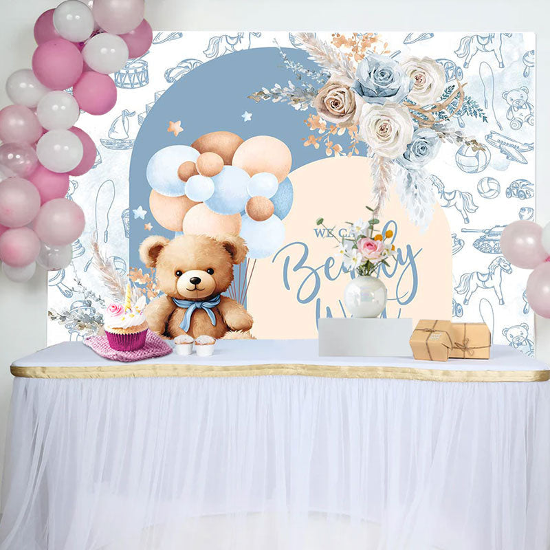 Aperturee - Teddy Bear Balloon Floral Blue Baby Shower Backdrop