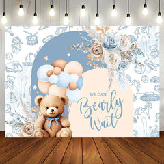 Aperturee - Teddy Bear Balloon Floral Blue Baby Shower Backdrop