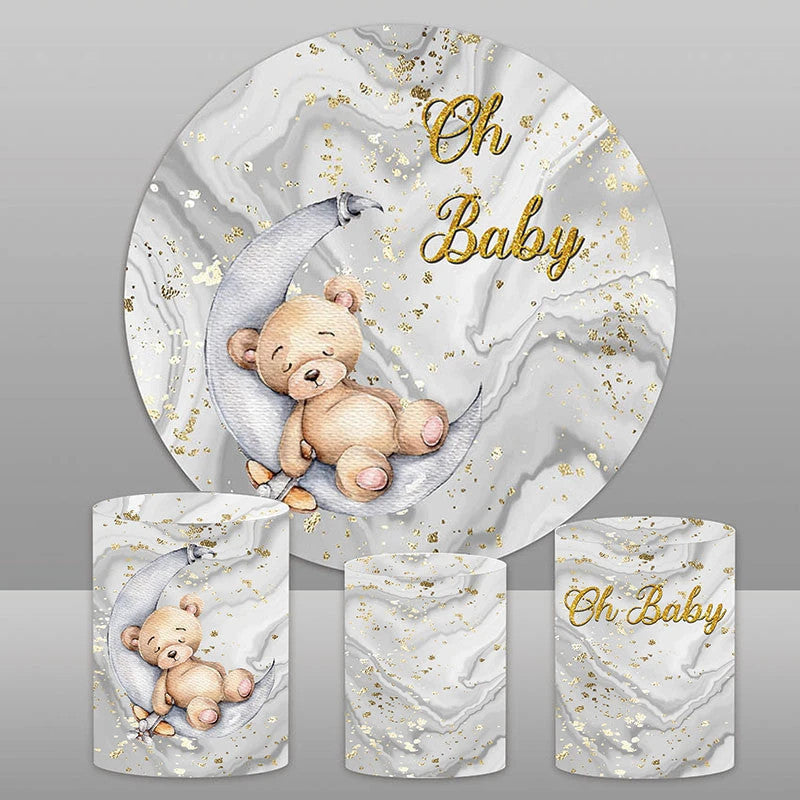 Aperturee Teddy Bear Grey Round Baby Shower Backdrop Kit