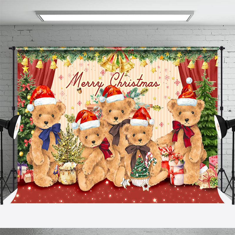 Aperturee - Teddy Bear Red Green Plants Merry Christmas Backdrop