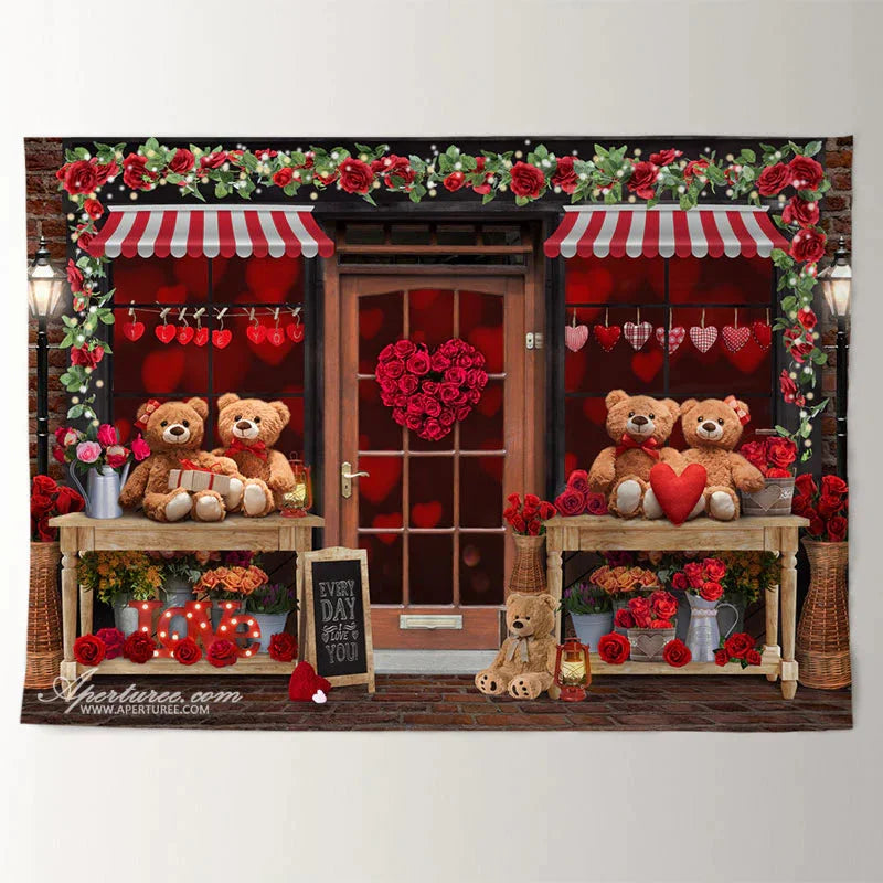 Aperturee - Teddy Red Rose Happy Valentines Day Shop Backdrop