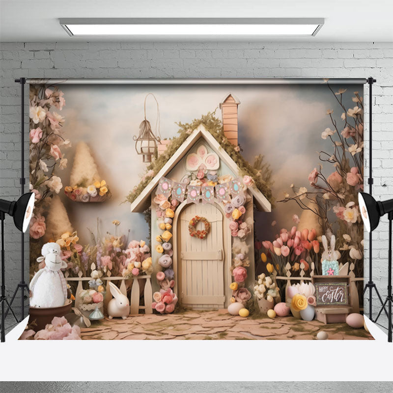 Aperturee - Tender Pink Floral Wood House Photo Easter Backdrop