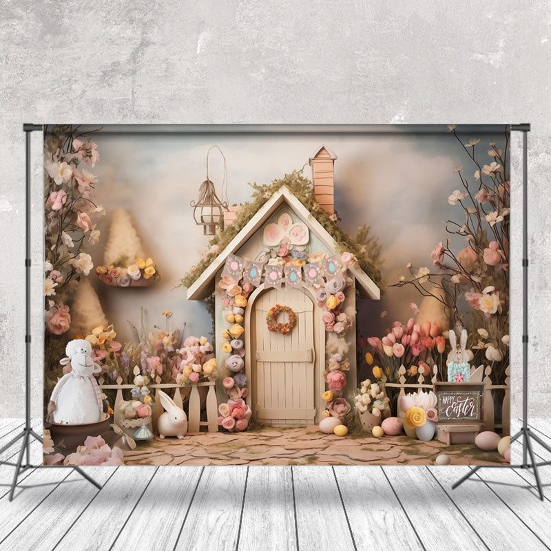 Aperturee - Tender Pink Floral Wood House Photo Easter Backdrop