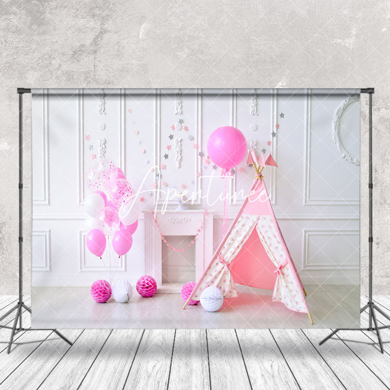 Aperturee - Tent Balloons White Retro Wall Cake Smash Backdrop