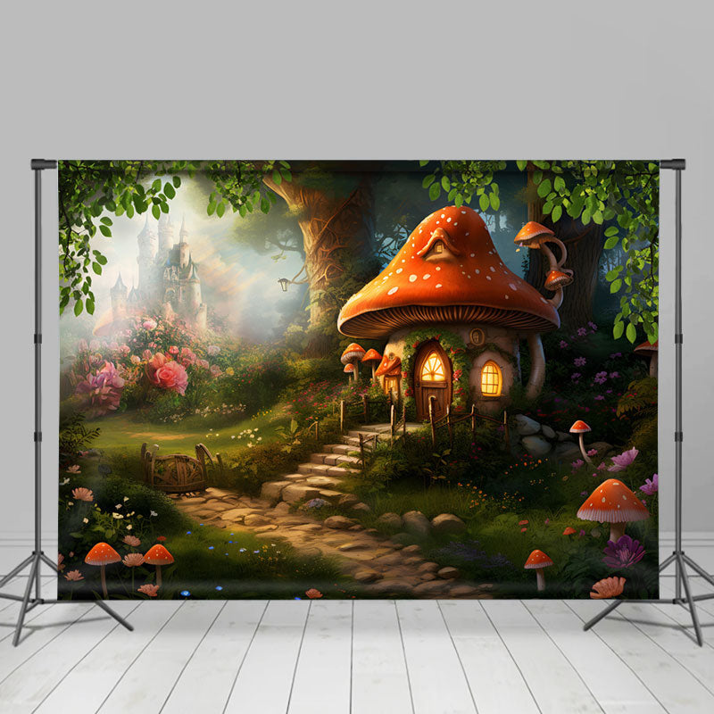 Aperturee - Cartoon Mushroom House Floral Forest Spring Backdrop