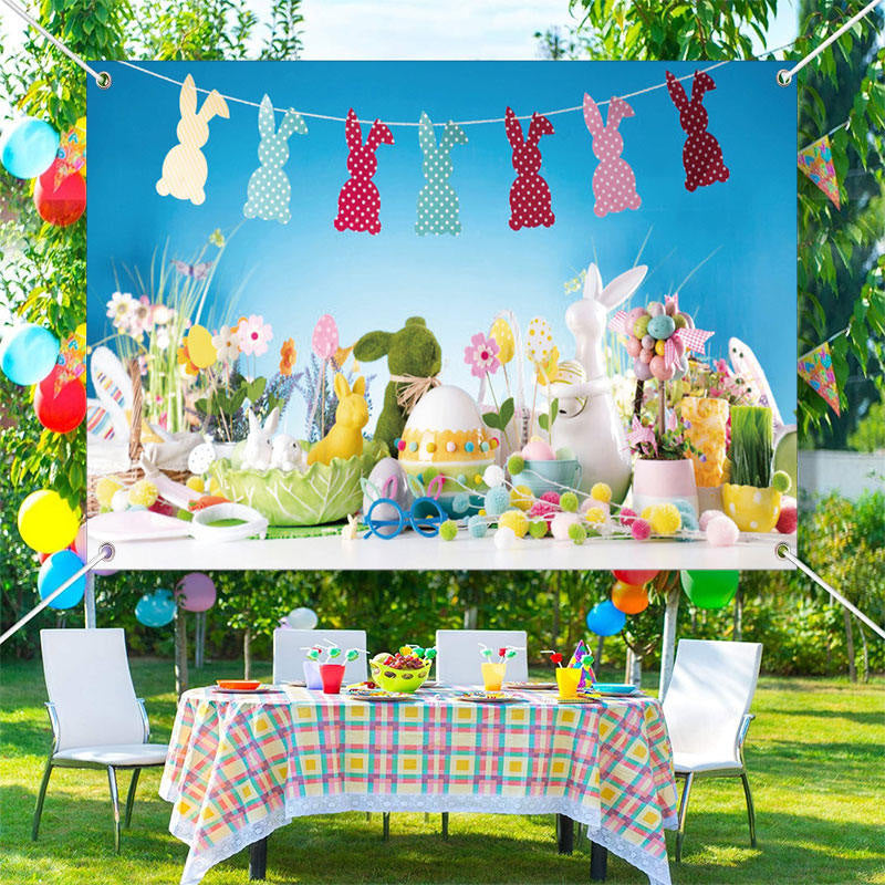 Aperturee - Colorful Trinkets Bunny Eggs Blue Easter Backdrop