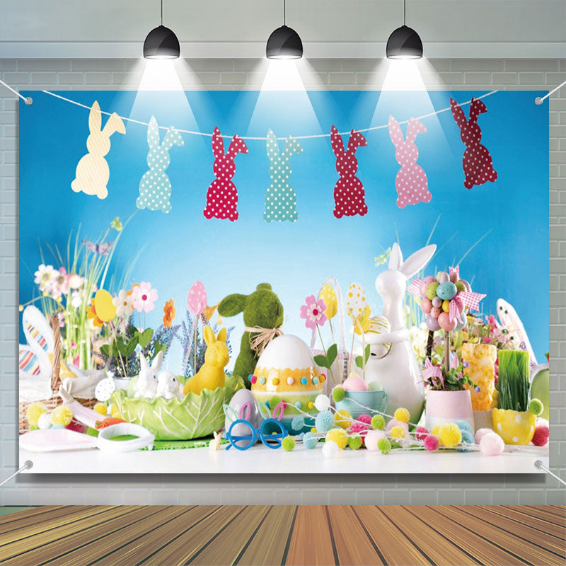 Aperturee - Colorful Trinkets Bunny Eggs Blue Easter Backdrop