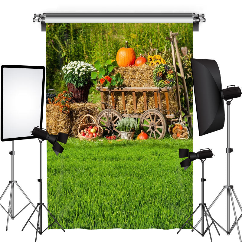 Aperturee - Green Grass Floral Fruit Wooden Cart Spring Backdrop