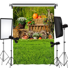 Aperturee - Green Grass Floral Fruit Wooden Cart Spring Backdrop