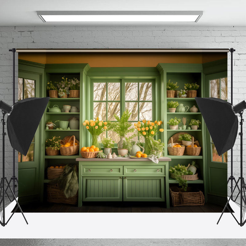 Aperturee - Green Shelf Yellow Egg Floral Window Easter Backdrop