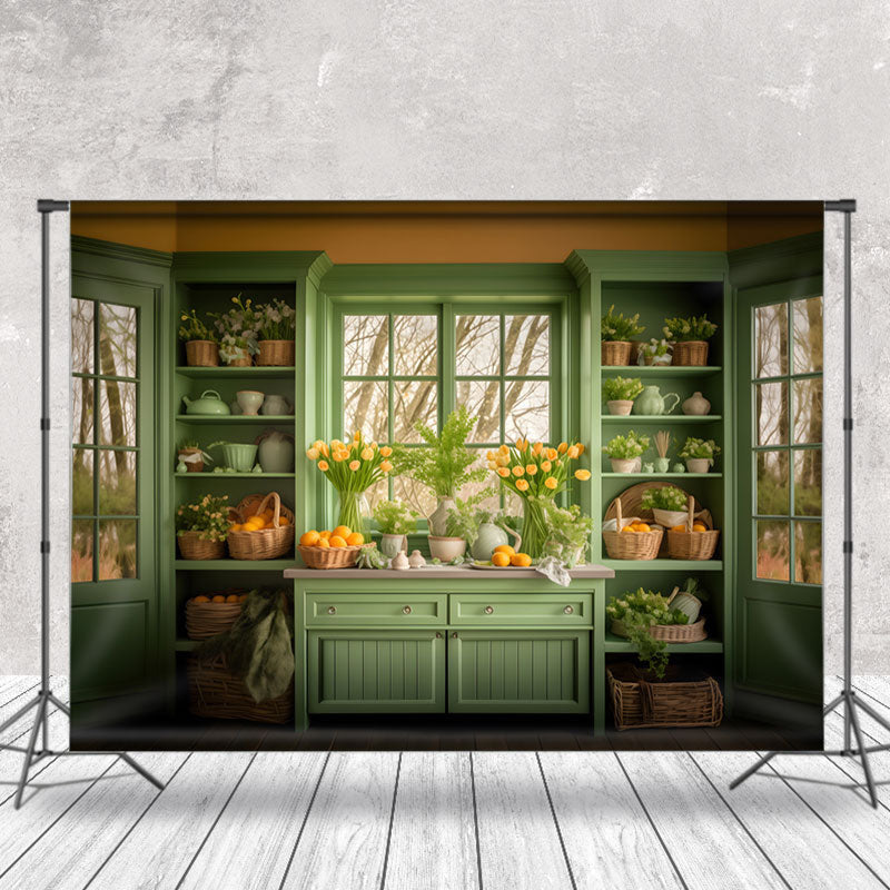 Aperturee - Green Shelf Yellow Egg Floral Window Easter Backdrop