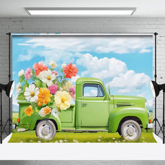 Aperturee - Green Truck Full Of Flowers Blue Sky Spring Backdrop