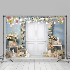 Aperturee - Light Blue Bunny Floral Paschal Eggs Easter Backdrop