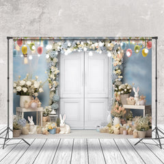 Aperturee - Light Blue Bunny Floral Paschal Eggs Easter Backdrop