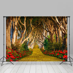 Aperturee - Long Brick Road Forest Red Flower Spring Backdrop