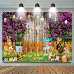 Aperturee - Purple Floral Wall Fence Bunny Eggs Easter Backdrop