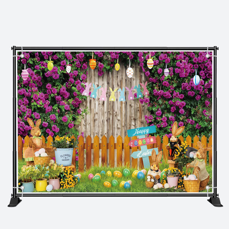 Aperturee - Purple Floral Wall Fence Bunny Eggs Easter Backdrop