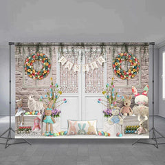 Aperturee - Rabbit Toy Wreath White Door Easter Day Backdrop