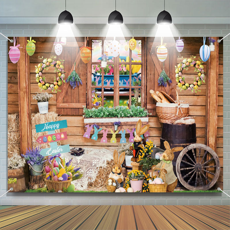 Aperturee - Wood Farm Window Floral Eggs Rabbit Easter Backdrop