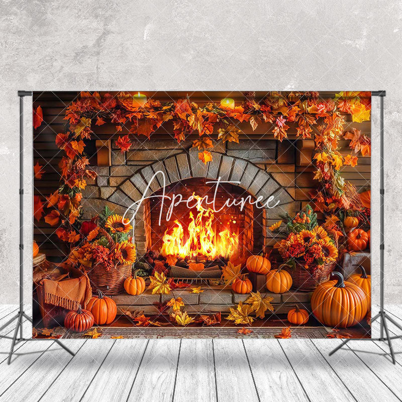 Aperturee - Thanksgiving Fireplace Maple Leaf Autumn Backdrop