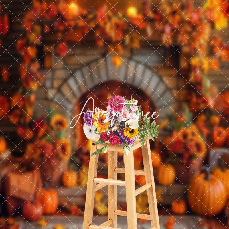 Aperturee - Thanksgiving Fireplace Maple Leaf Autumn Backdrop