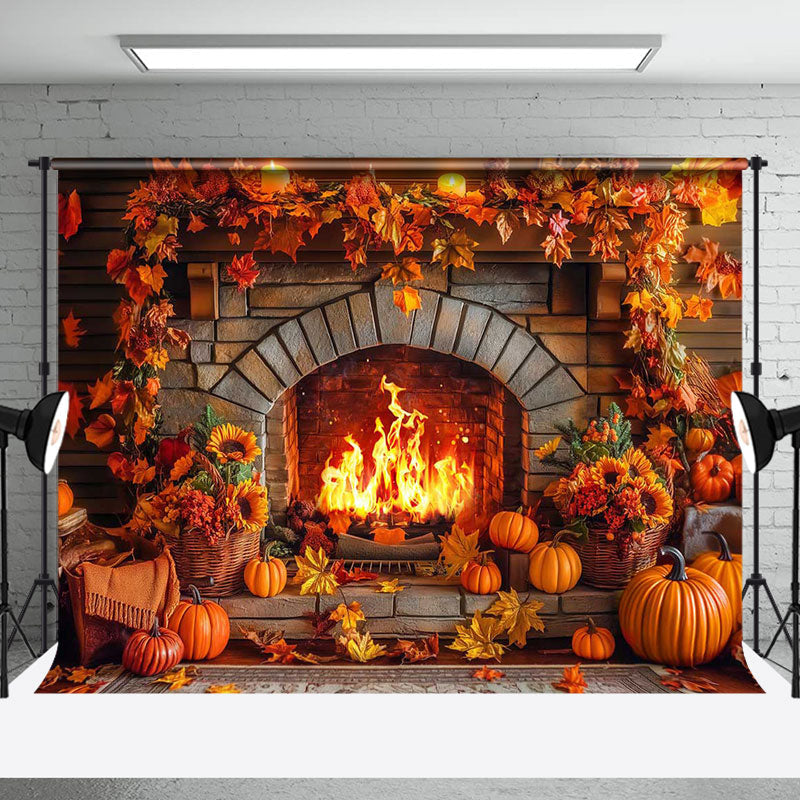 Aperturee - Thanksgiving Fireplace Maple Leaf Autumn Backdrop