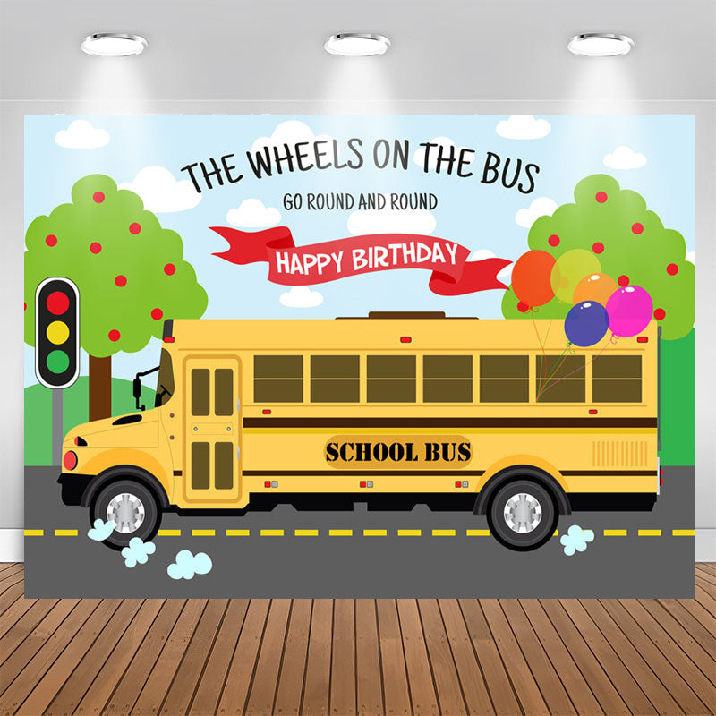 Aperturee - The Wheels On The Bus Go Round Happy Birthday Backdrop