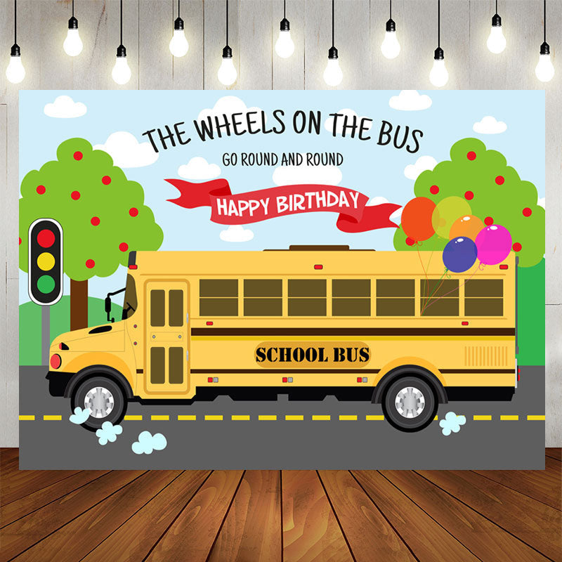 Aperturee - The Wheels On The Bus Go Round Happy Birthday Backdrop