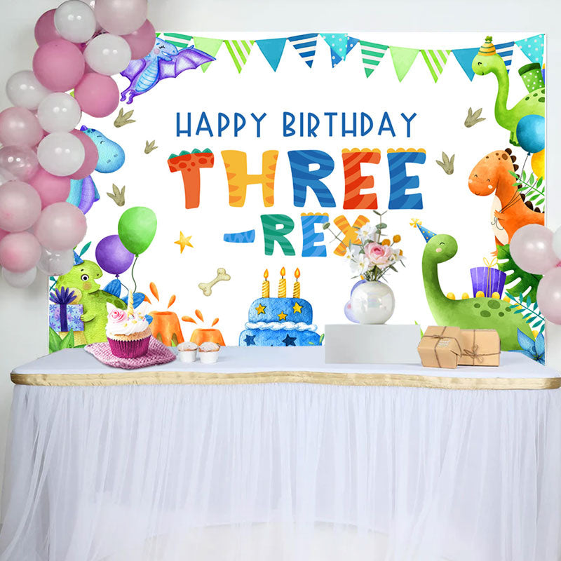 Aperturee - Three Rex Cartoon Dinosaur Boy 3rd Birthday Backdrop