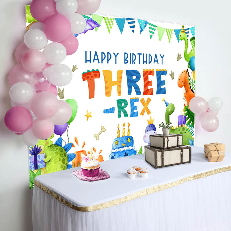 Aperturee - Three Rex Cartoon Dinosaur Boy 3rd Birthday Backdrop