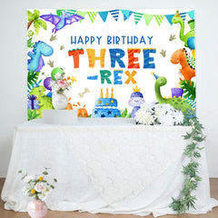 Aperturee - Three Rex Cartoon Dinosaur Boy 3rd Birthday Backdrop