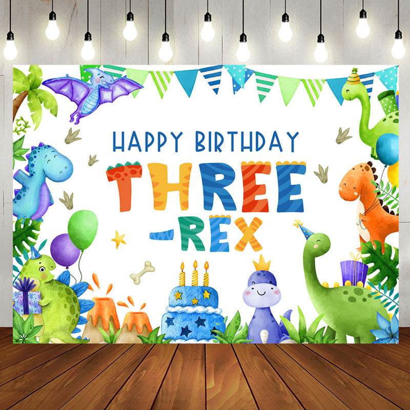 Aperturee - Three Rex Cartoon Dinosaur Boy 3rd Birthday Backdrop