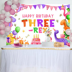 Aperturee - Three Rex Cute Dinosaur Girl 3rd Birthday Backdrop