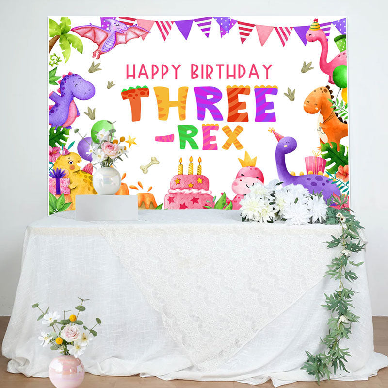 Aperturee - Three Rex Cute Dinosaur Girl 3rd Birthday Backdrop